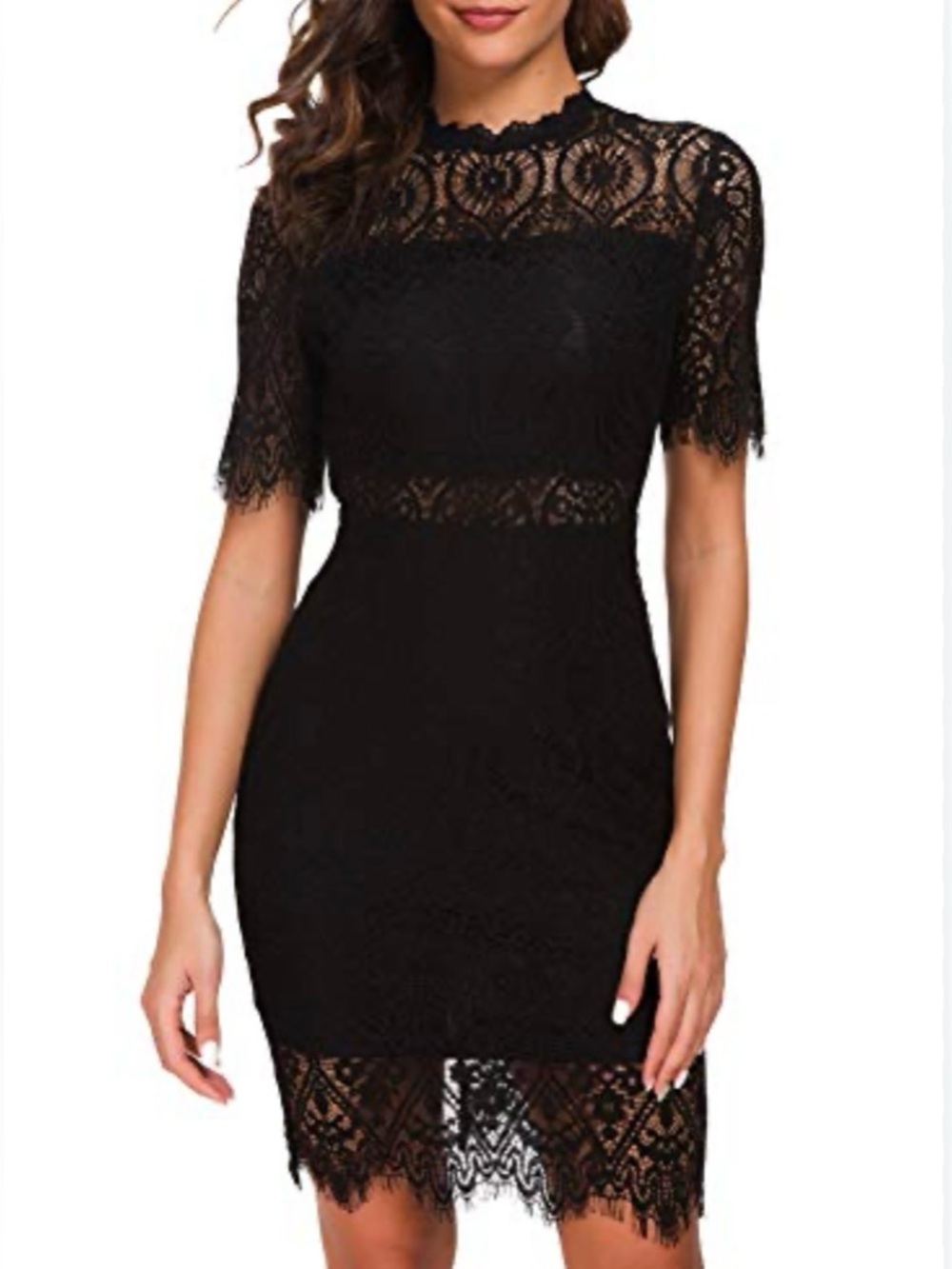 Zalalus Black Lace Mock Neck Midi Sheath Cocktail Dress Size 10